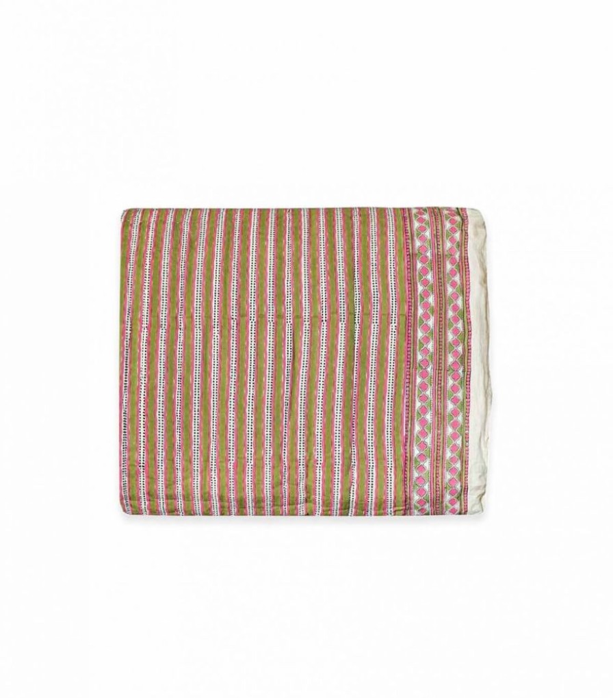 Deco & Linge De Maison Jamini | Edredon Indien Stripe Vert Tilleul